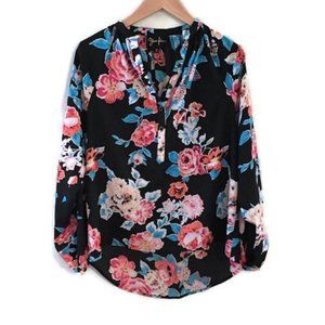 YUMI KIM Black Floral Henley high-low Long sleeve Balloon sleeve Blouse. Size S